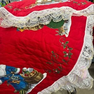 Festive Red Holiday Quilt with Lace Tree skirt vintage